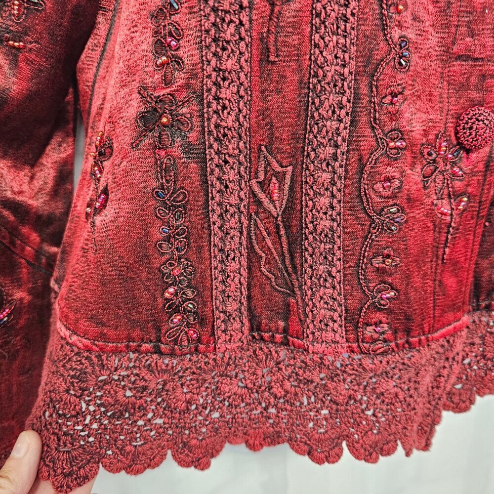 Flashback Ruby Red Beaded Crochet Embroidered Flo… - image 8